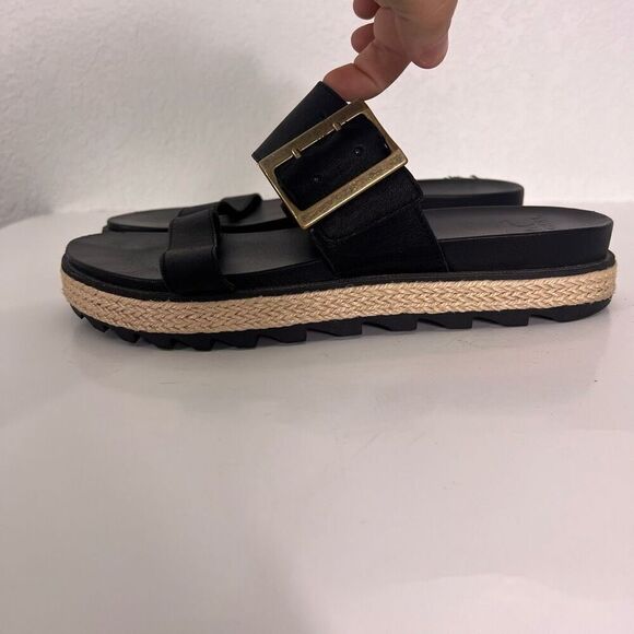 Sorel Black Leather Roaming Platform Slide Sandals - Picture 1 of 10